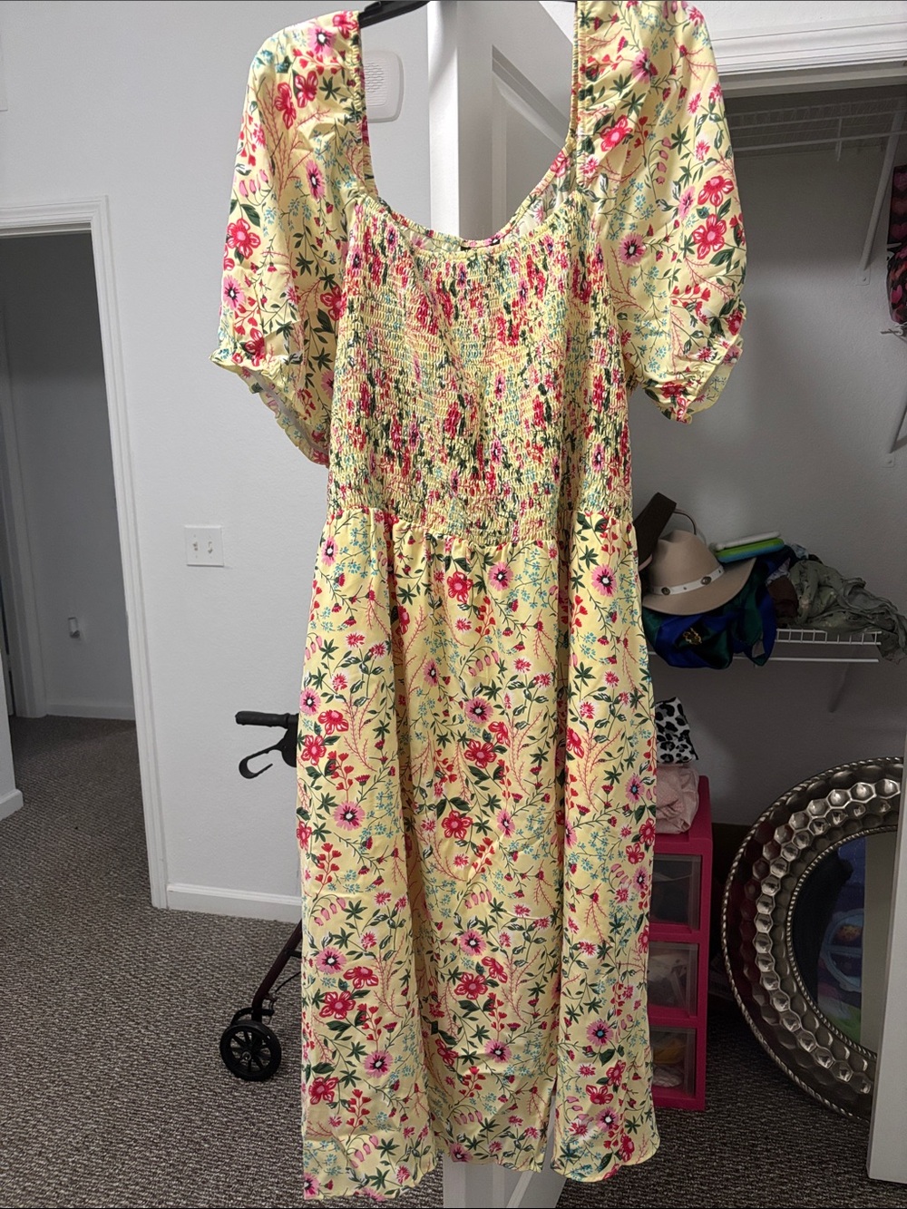 BloomChic Yellow Floral Smocked Midi Dress with Pink & Green Accents